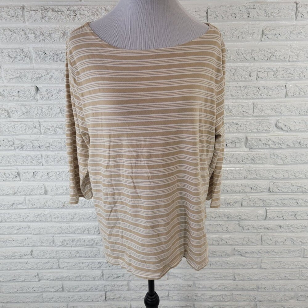 Rafaella Women Top 2X Plus Tee 3/4 Sleeve Beige Stripe Cotton Blend STR23XE